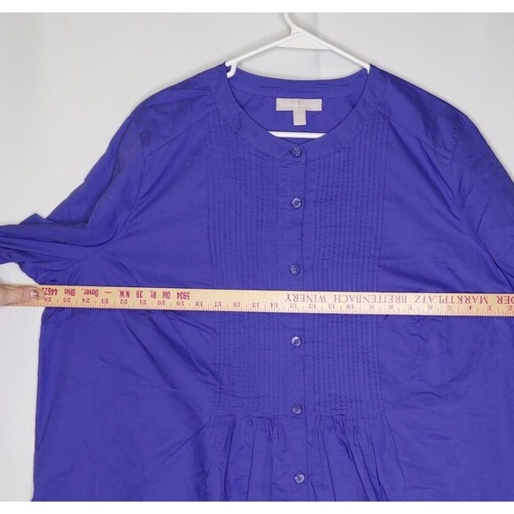 Woman Within Button Top 1X 22/24 Purple Cotton Pleated Long Sleeve V-Neck - Picture 3 of 7